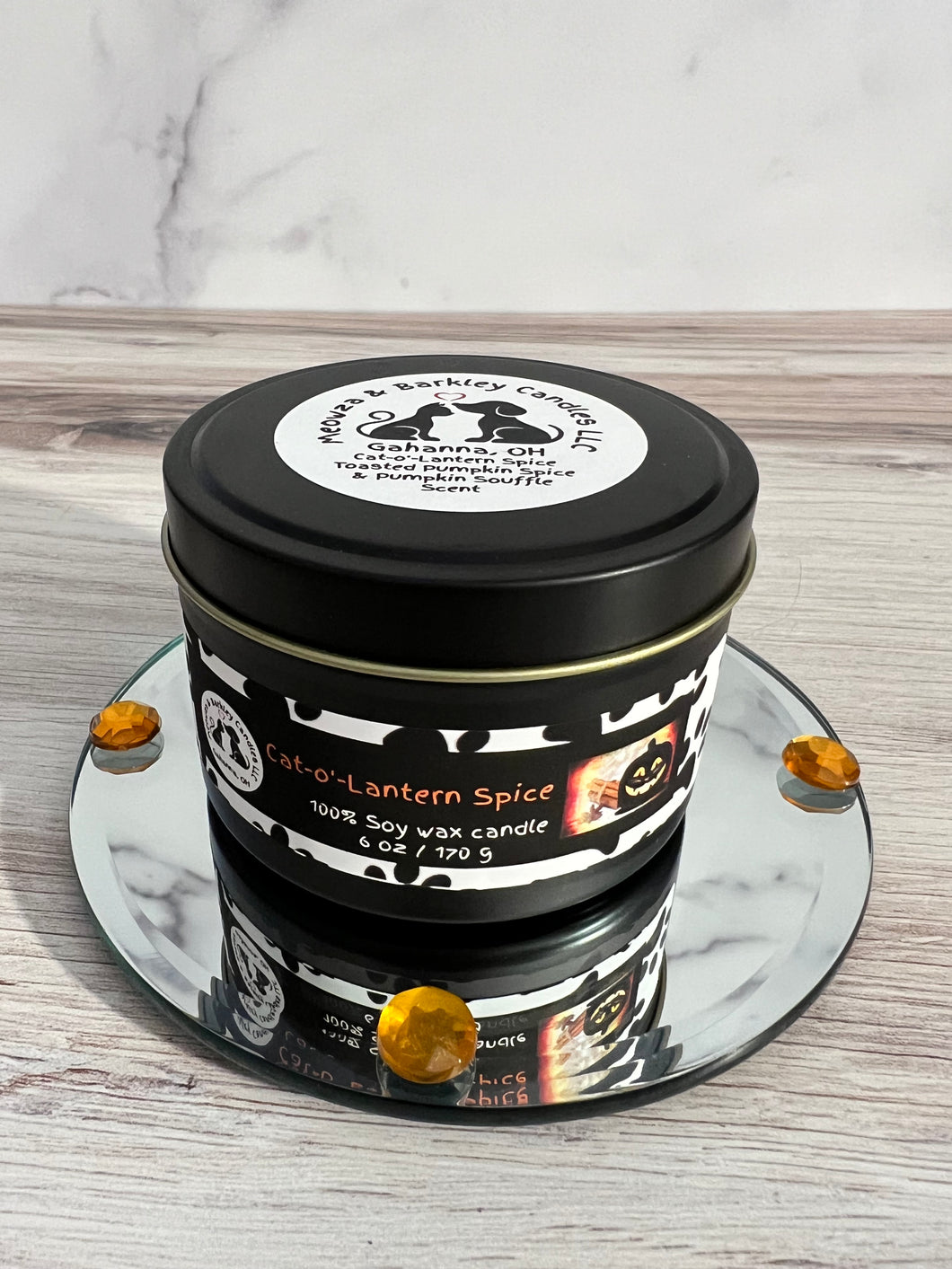 Cat-o'-Lantern Spice - Two Wick Tin Soy Candle - Toasted Pumpkin Spice & Pumpkin Souffle Scent