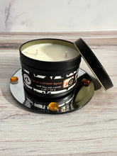 Load image into Gallery viewer, Cat-o&#39;-Lantern Spice - Two Wick Tin Soy Candle - Toasted Pumpkin Spice &amp; Pumpkin Souffle Scent
