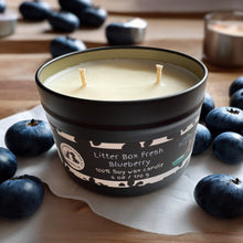 Load image into Gallery viewer, Litter Box Fresh Blueberry Tin Two Wick Soy Candle - Blueberry Cheesecake Scent
