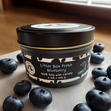 Load image into Gallery viewer, Litter Box Fresh Blueberry Tin Two Wick Soy Candle - Blueberry Cheesecake Scent
