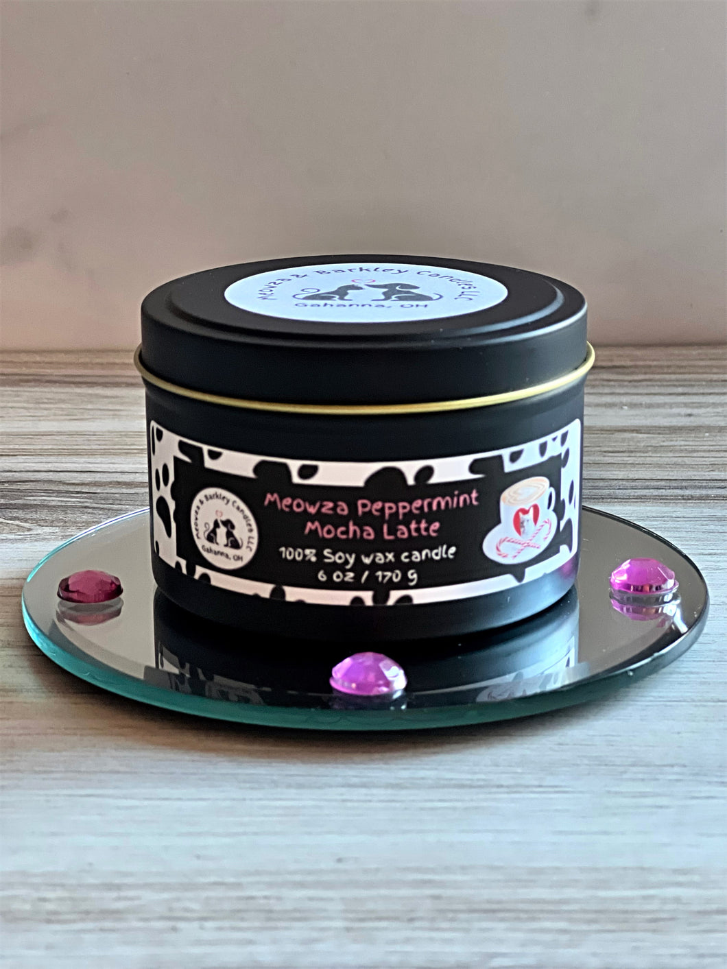 Meowza Peppermint Mocha Latte - Medium Tin Two Wick Soy Candle - Peppermint Mocha Scent