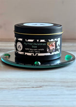 Load image into Gallery viewer, My First Christmas Tree - Medium Tin Two Wick Soy Candle - Pine &amp; White Birch Fresh Christmas Tree Scent
